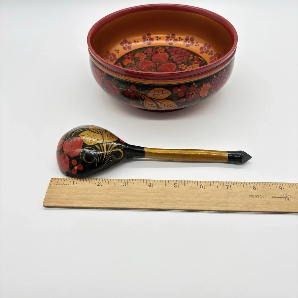 Russian Art Khokhloma Wooden Bowl Matching Spoon Traditional Floral Berry Design